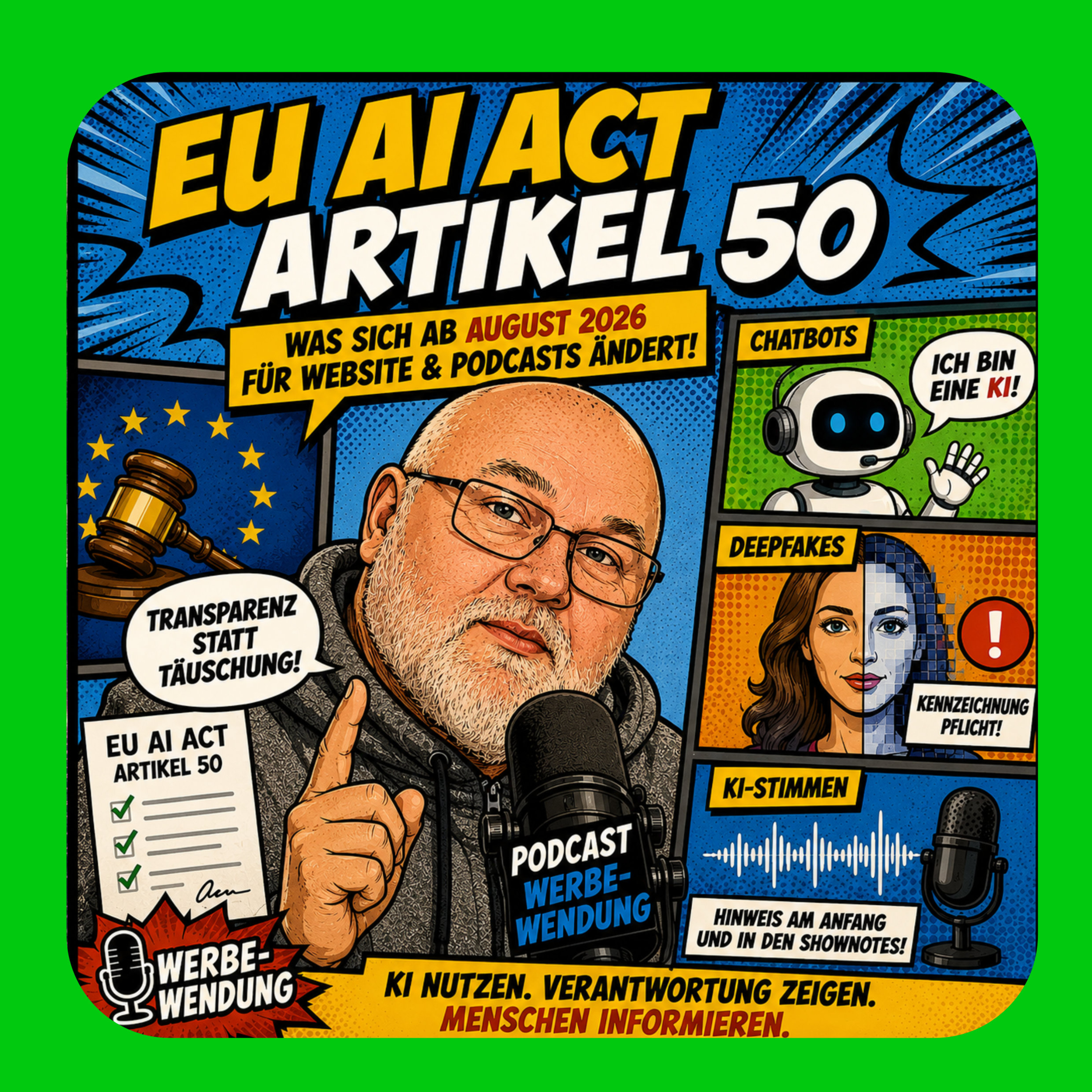<p><strong>EU AI Act – Artikel 50 kommt. Sind Ihre Website und Ihr Podcast vorbereitet?</strong></p><p>Ab dem <strong>2. August 2026</strong> gelten neue Transparenzpflichten für den Einsatz von Künstlicher Intelligenz. Chatbots, synthetische Stimmen und bestimmte KI-Inhalte müssen künftig gekennzeichnet werden.</p><p>In der neuen Folge der <strong>Werbe-Wendung</strong> erkläre ich verständlich:</p><p>✔ Was sich wirklich ändert<br>✔ Wer betroffen ist<br>✔ Warum nicht jedes KI-Bild gekennzeichnet werden muss<br>✔ Weshalb mein Podcast künftig einen KI-Hinweis erhält</p><p>Praxisnah statt Paragrafen.</p><p>🎧 Jetzt reinhören.</p><p>#EUAIAct #KI #KünstlicheIntelligenz #Podcast #Marketing #Website #DSGVO #Digitalisierung #WerbeWendung</p>
