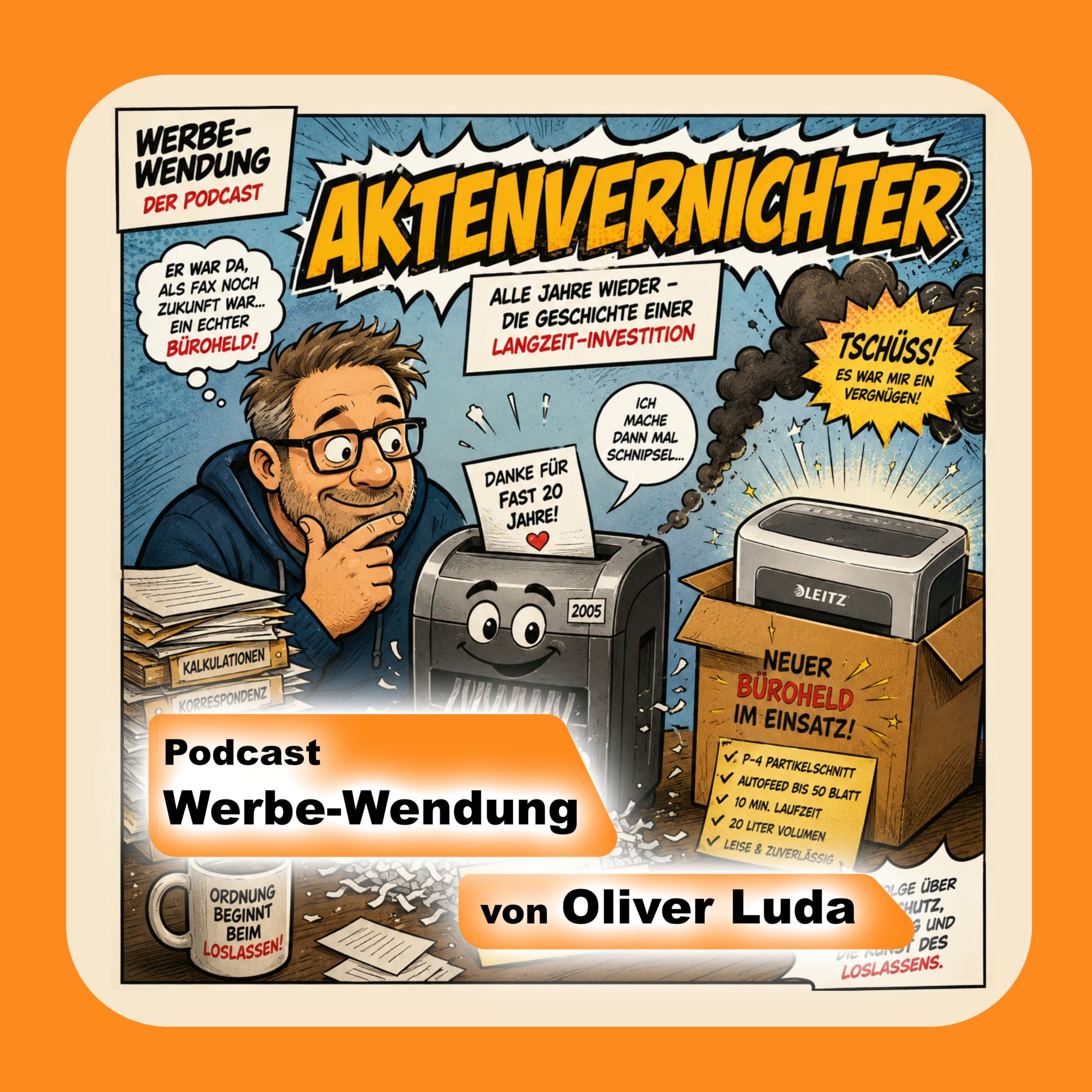 <p><strong>Der unterschätzte Büroheld: der Aktenvernichter</strong></p><p>Man sieht ihn kaum.<br>Man hört ihn selten.<br>Man schätzt ihn wenig.</p><p>Bis wieder einmal alte Akten, Kalkulationen, Korrespondenzen oder DSGVO-relevante Unterlagen verschwinden müssen.</p><p>In der neuen Folge von <strong>Werbe-Wendung</strong> erzähle ich die Geschichte meines fast 20 Jahre alten Aktenvernichters, der bei der jährlichen Vernichtungsaktion endgültig das Zeitliche segnete.</p><p>Mit dabei:<br>Datenschutz, Büroalltag, Partikelschnitt, Sicherheitsstufe P-4, Leitz, ELO, Stasi-Schredderaktionen und die beruhigende Erkenntnis, dass manche Investitionen erst dann auffallen, wenn sie nicht mehr funktionieren.</p><p>Eine humorvolle Folge über ein Gerät, das niemand liebt, aber fast jeder braucht.</p><p><strong>Alle Jahre wieder – die Geschichte einer Langzeit-Investition</strong></p><p><strong>#podcastwerbewendung #werbe-wendung #schredder #aktenvernichter #ottooffice #leitz</strong></p>
