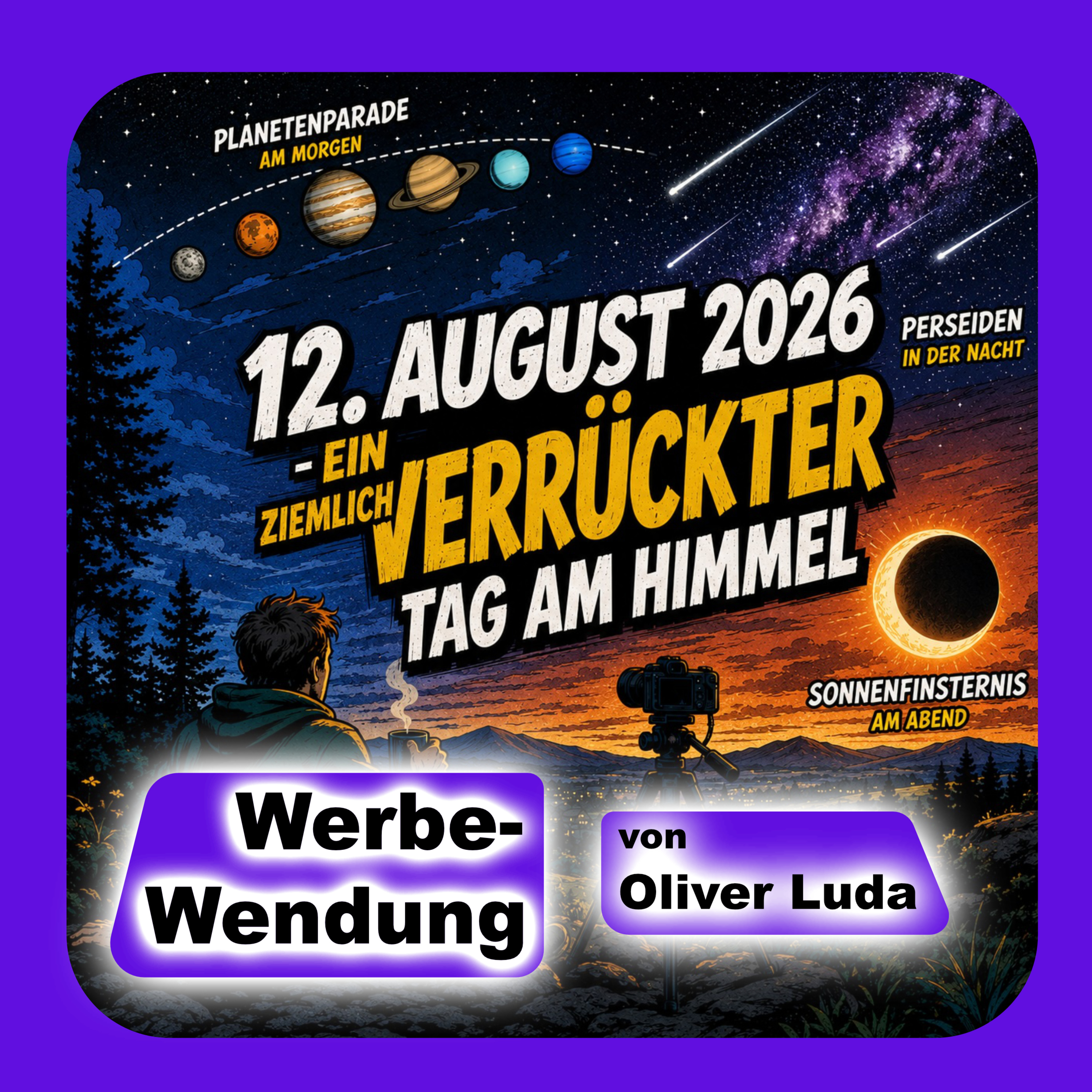 <p><strong>Vier Himmelsereignisse an einem einzigen Tag?</strong></p><p>Der 12. August 2026 gehört zu den außergewöhnlichsten Astronomie-Tagen der letzten Jahre.</p><p>☀️ Partielle Sonnenfinsternis<br>🪐 Planetenparade am frühen Morgen<br>☄️ Perseiden im Maximum<br>🌌 Beste Bedingungen für die Milchstraße</p><p>Im neuen <strong>Werbe-Wendung</strong>-Podcast geht es aber nicht nur um Astronomie. Es geht auch um Fotografie, Improvisation und die Erkenntnis, dass manchmal gerade aus einem Problem die spannendsten Bilder entstehen.</p><p>Denn als geeignete Solarfilter plötzlich kaum noch erhältlich waren, stellte sich eine andere Frage:</p><p><em>Muss man die Sonne überhaupt direkt fotografieren, um eine Sonnenfinsternis eindrucksvoll festzuhalten?</em></p><p>Außerdem sprechen wir darüber, warum Menschen auf dem Land ausnahmsweise einen echten Vorteil gegenüber Großstädtern haben – und weshalb der wichtigste Faktor am Ende weder Kamera noch KI ist.</p><p>Sondern das Wetter.</p><p>🎧 Jetzt reinhören bei <strong>Werbe-Wendung</strong>.</p><p>#Astronomie #Fotografie #Sonnenfinsternis #Perseiden #Milchstraße #Planetenparade #Podcast #WerbeWendung</p>
